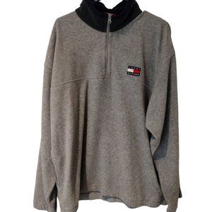 VINTAGE Tommy Hilfiger 1/4 Zip Up Fleece Sweater Gray Polyester Mens Size Large